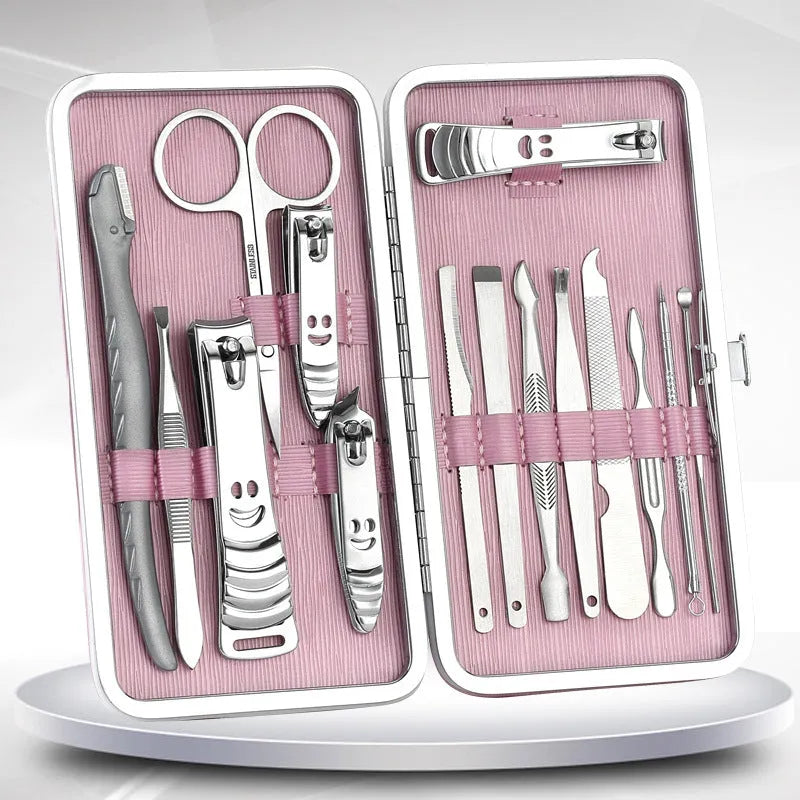 Pink 15-piece stainless steel manicure tool set in compact case measuring 15.5 by 8.2 by 1.3 cm