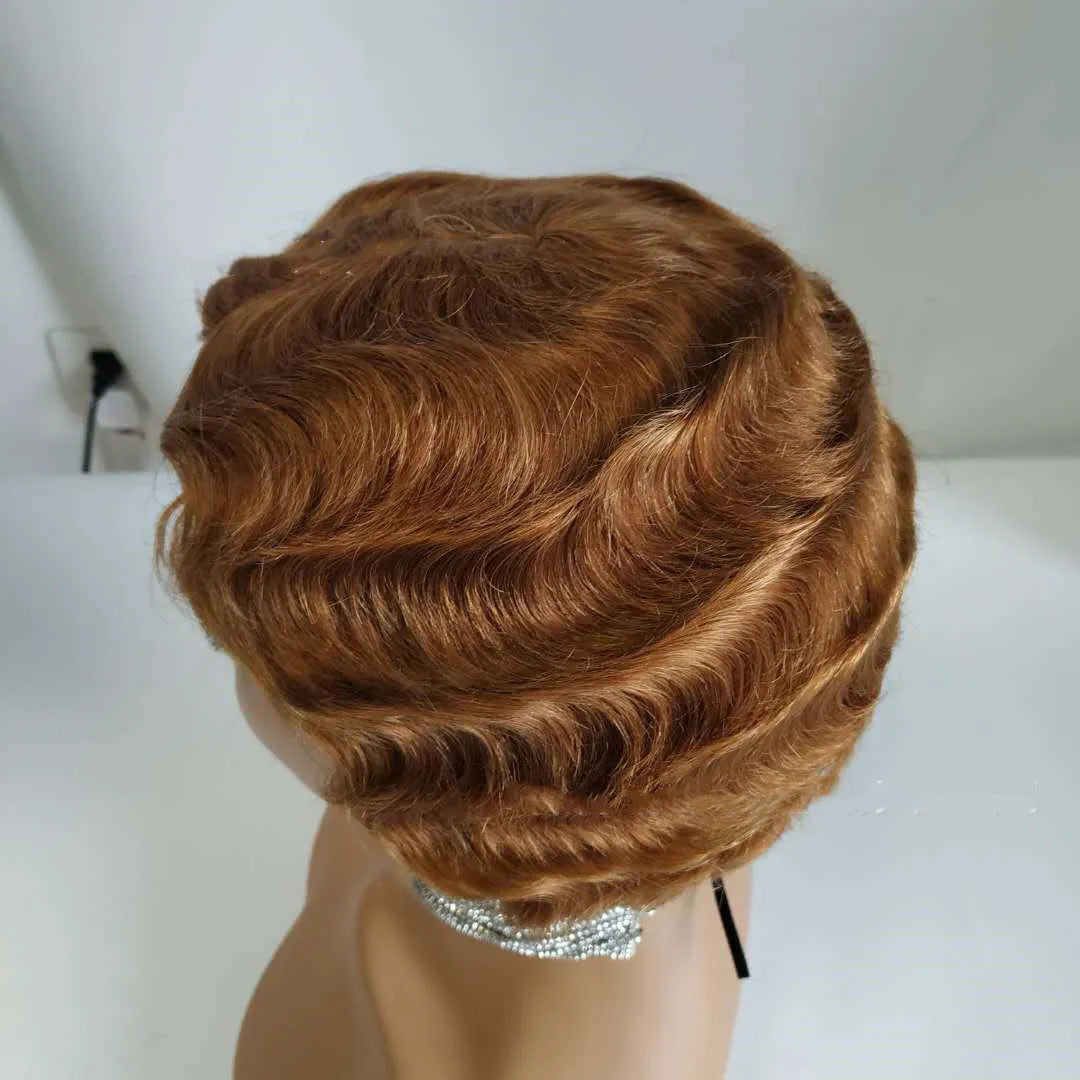 Pixie cut short bob wig in retro finger wave style with Remy human hair, 4 inch length, shown in photo colour