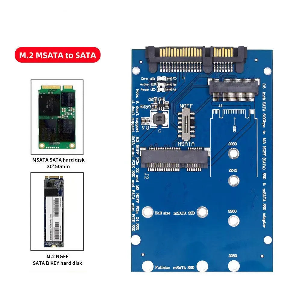 SATA3 to M.2 NGFF mSATA SSD adapter conversion card on blue background.
