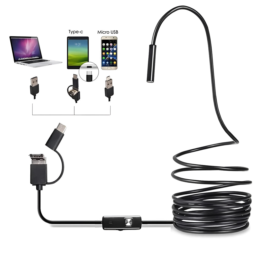 Three-in-one USB endoscope with 5.5mm camera, flexible cable, side mirror, hook, and magnet attachments on a table.