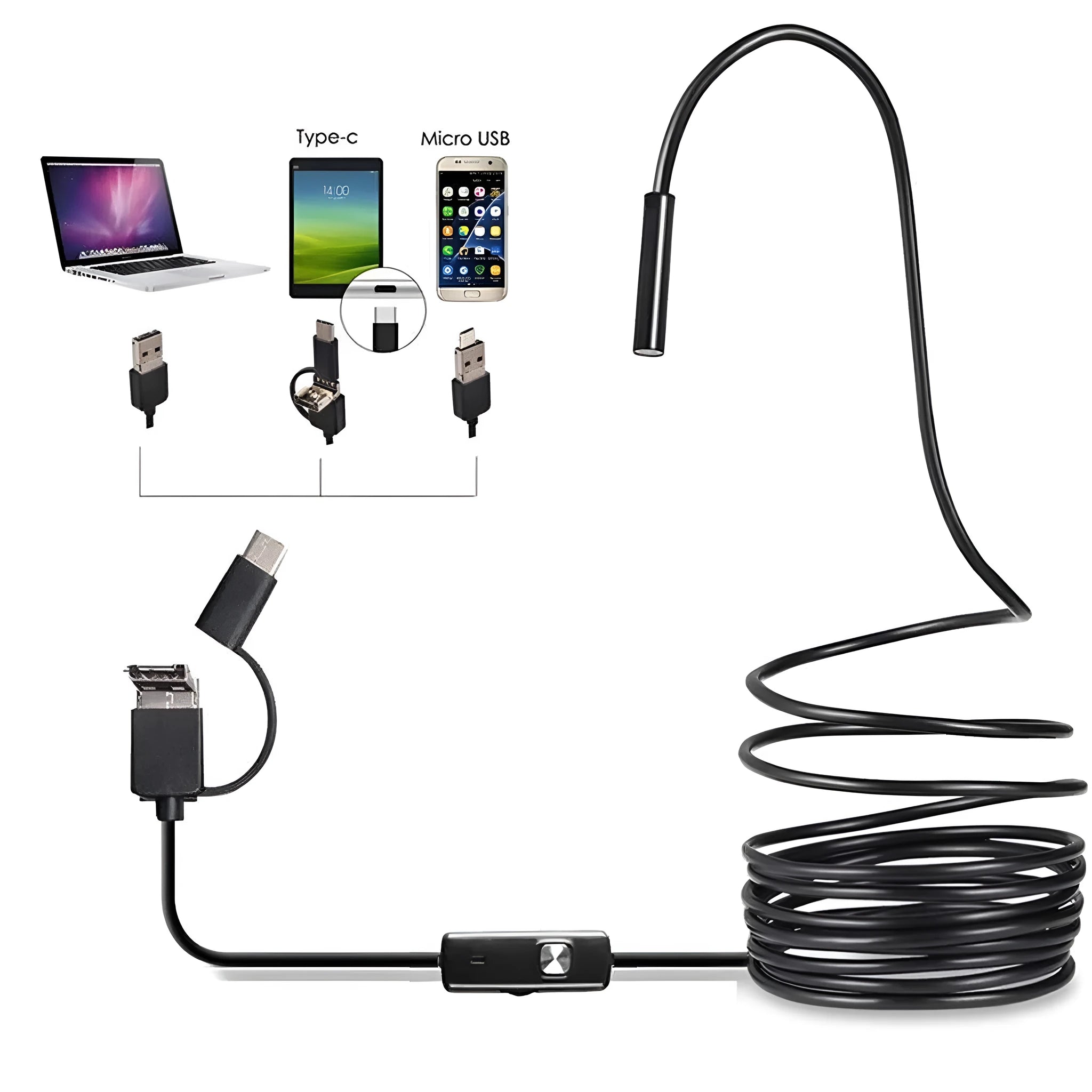 Three-in-one USB endoscope with 5.5mm camera, flexible cable, side mirror, hook, and magnet attachments on a table.