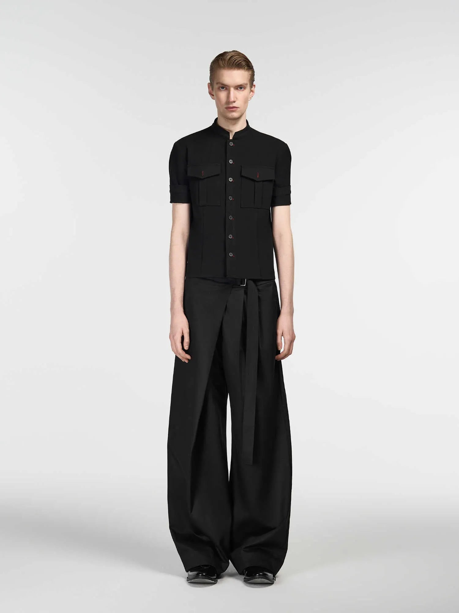Black straight-leg trousers with adjustable waist and single pleat front in Tencel cotton blend fabric