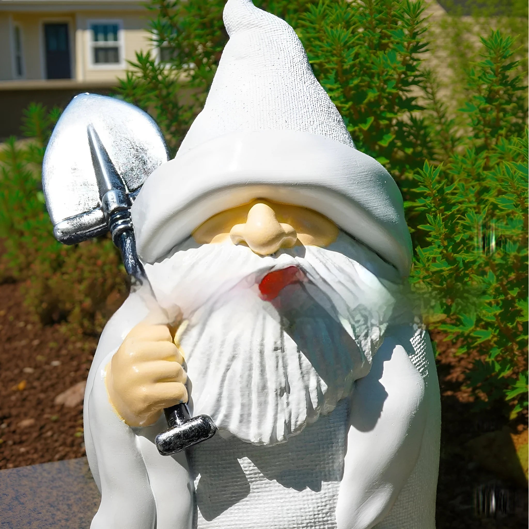 Christmas garden resin ornament depicting pipe dwarf figure holding smoking shovel