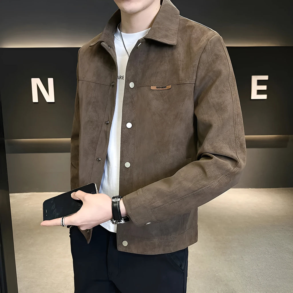 Suede lapel men's jacket in brown or black, thin polyester blend, long sleeve, regular fit, M-3XL.