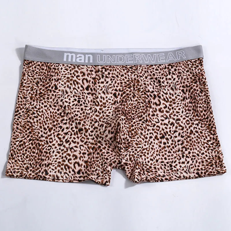 Men's loose leopard print underwear, milk silk, mid waist, quick drying, sizes M-XXXL.