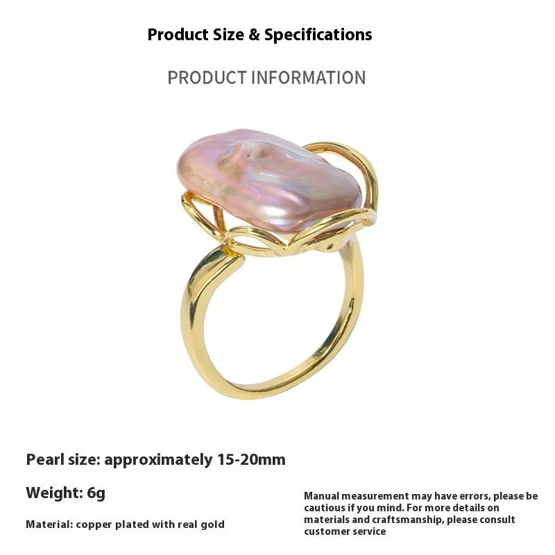 Women's adjustable baroque pearl ring with geometric shape, shown in purple and gold colour options
