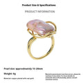 Women's adjustable baroque pearl ring with geometric shape, shown in purple and gold colour options