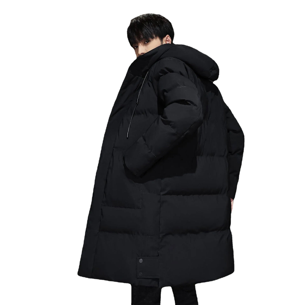 Men's thickened hooded cotton coat in black, green or grey, 65cm length, sizes M to 8XL