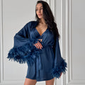 Feather trim satin nightgown and shorts set in black, blue, and white for women