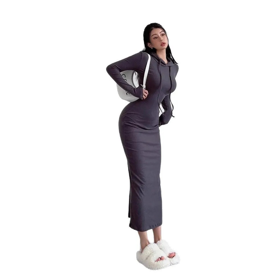 Women's grey hooded sheath dress with long sleeves and knee-length high-waist design