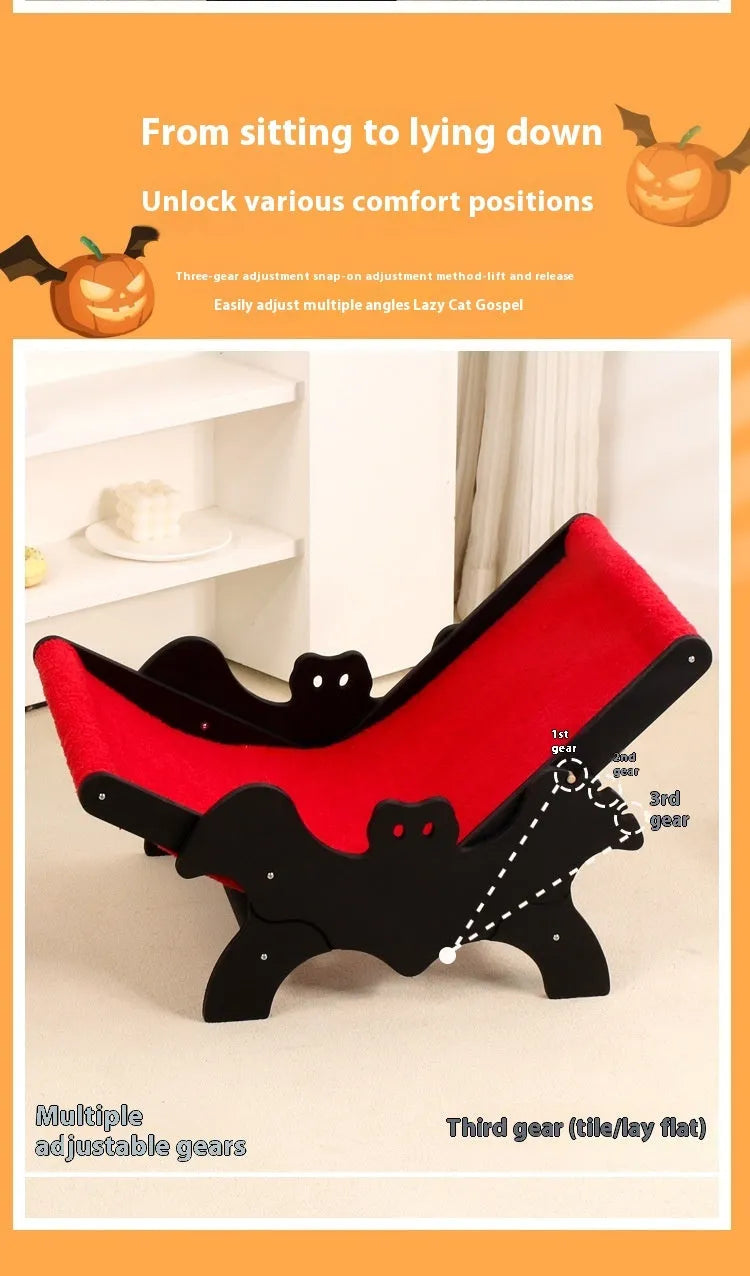 Black and red Halloween-themed wooden cat recliner bed with slatted frame.