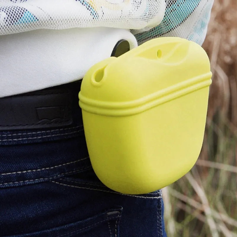 Silicone dog treat bag with belt clip shown in multiple colours