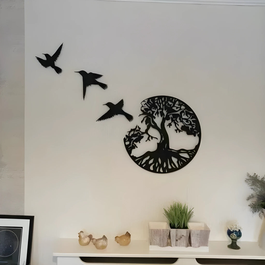Black iron wind chime wall hanging with a modern simple design, shown as a decorative ornament.