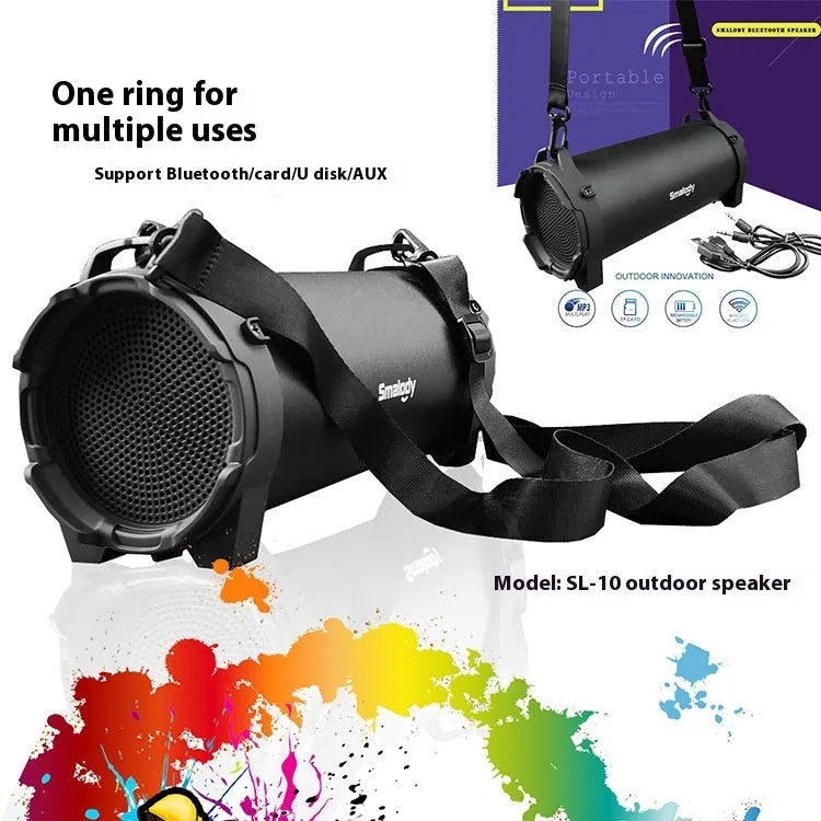 Black portable wireless Bluetooth speaker with suspenders for outdoor use