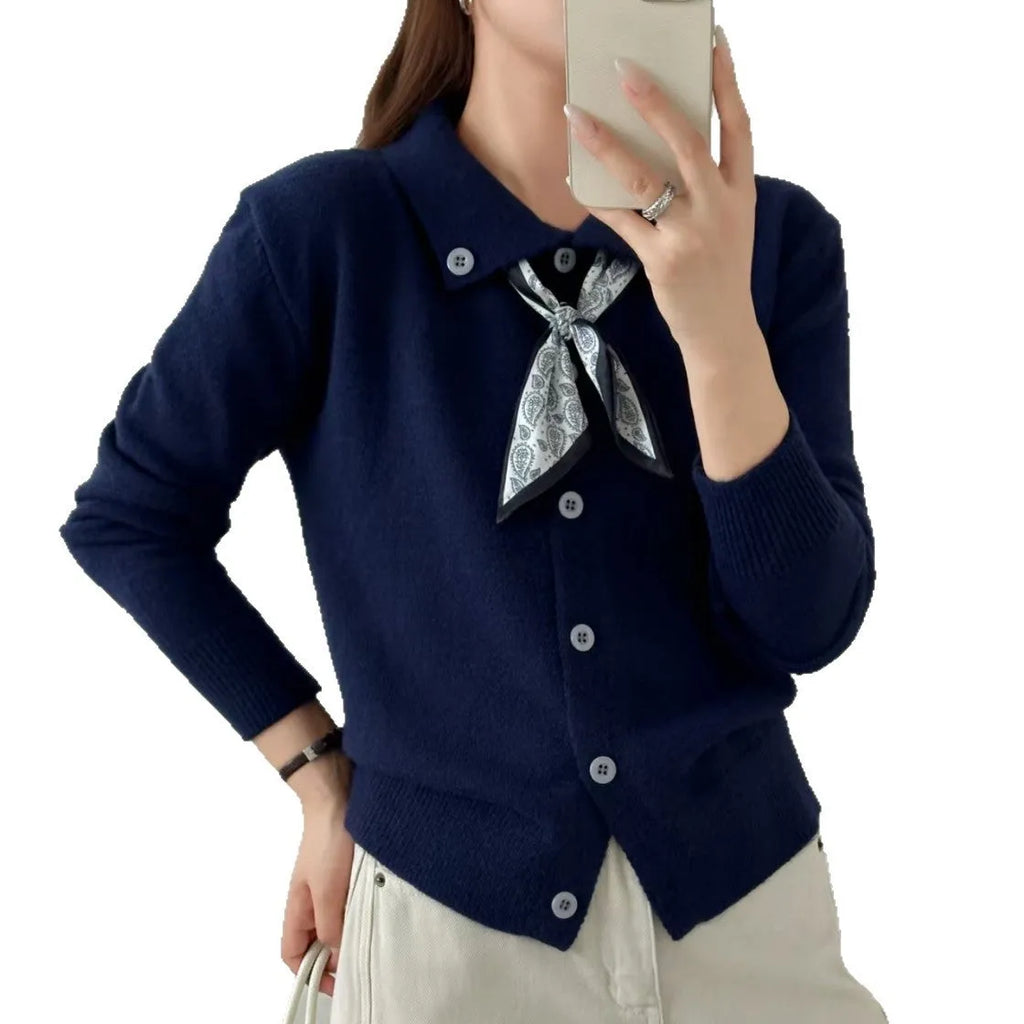 Lapel scarf cardigan sweater in free size with integrated scarf and regular long sleeves