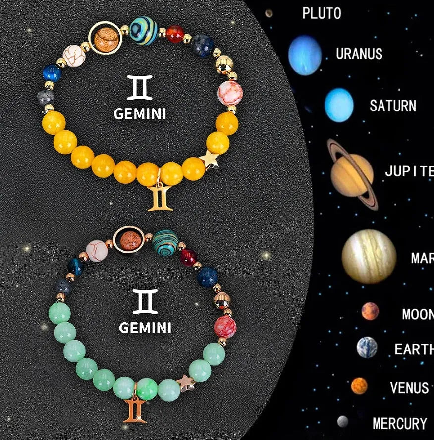 Two natural stone bead bracelets showing zodiac symbols on adjustable straps