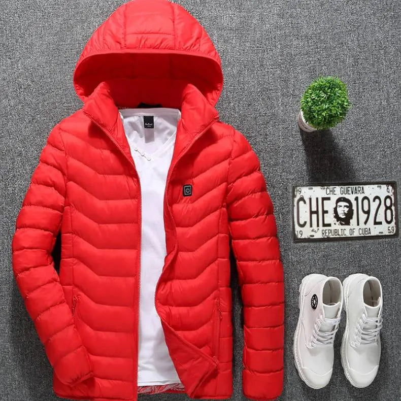 Winter heated jacket with USB carbon fibre heating, removable hood, available in black, blue, and red colours