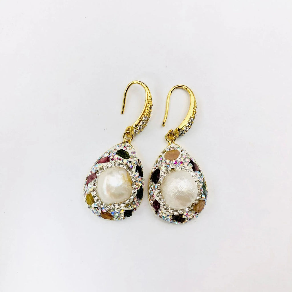 Natural freshwater pearl teardrop copper earrings for women colourful diamond inlay dangle style