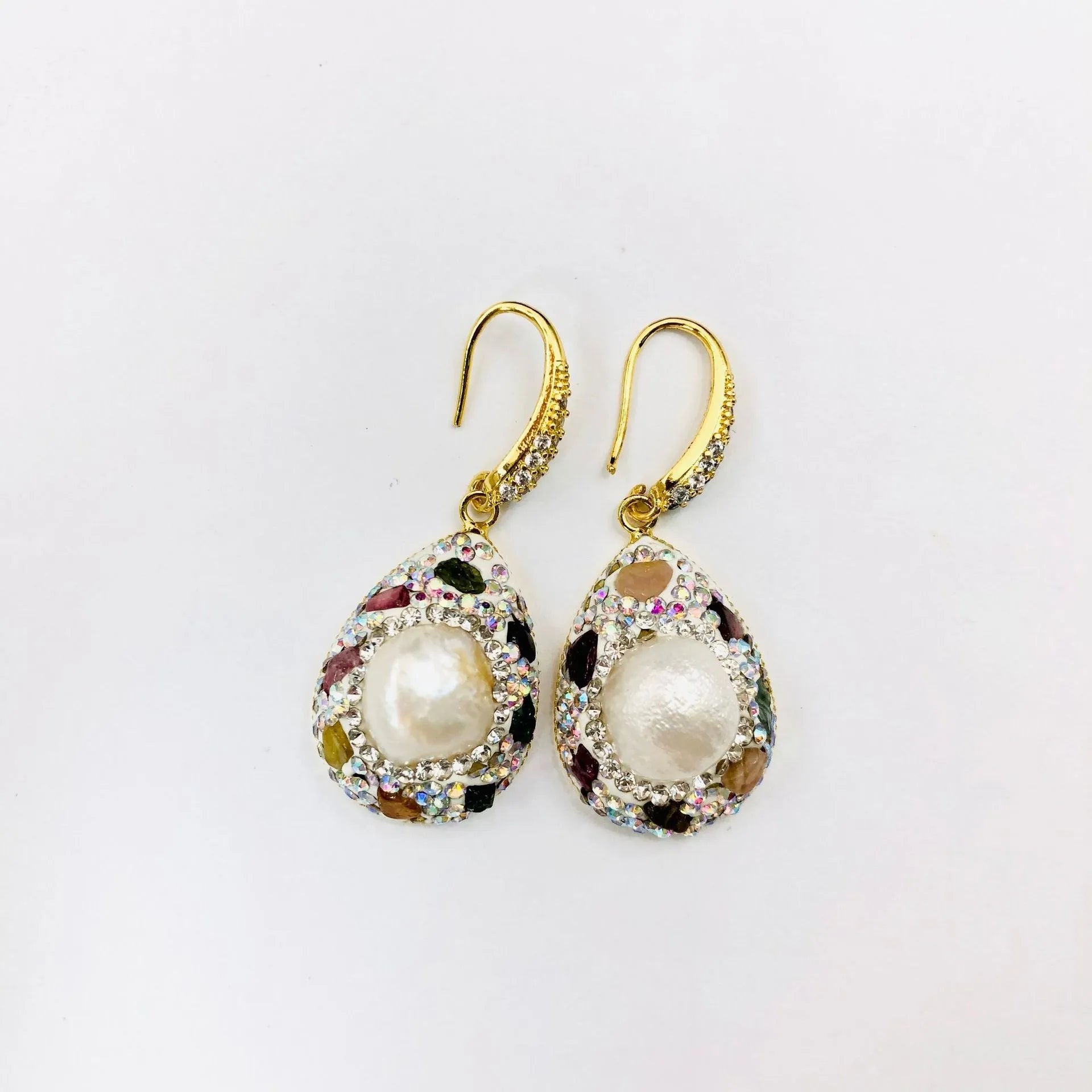 Natural freshwater pearl teardrop copper earrings for women colourful diamond inlay dangle style