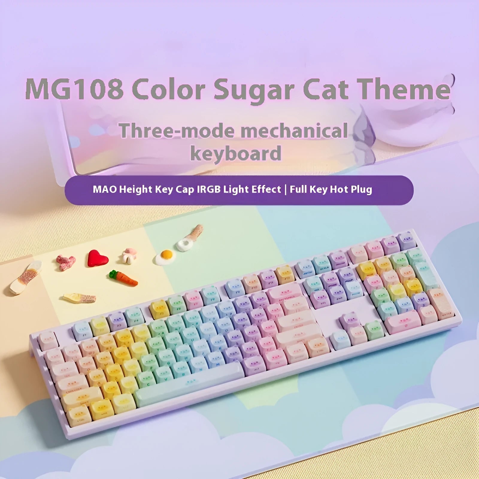 Coloured sugar cat themed mechanical keyboard with Bluetooth connectivity and MG108B piano shaft switches