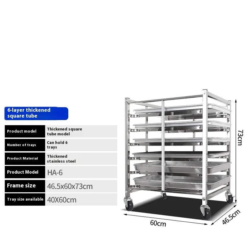 Stainless steel commercial tray rack with six levels for 40x60cm baking sheets, featuring a locking mechanism.
