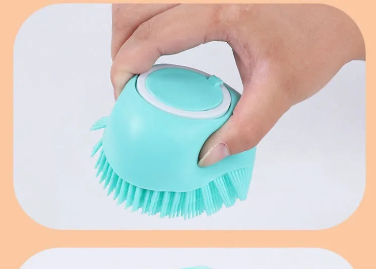 Blue silicone dog bath brush with flexible fingers for grooming and massage during pet baths.