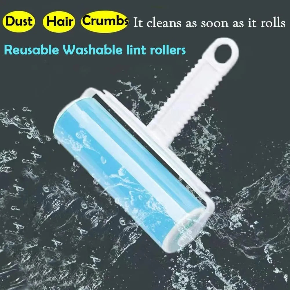 Washable reusable lint roller for removing pet hair from fabrics, shown with protective cover in blue, green, pink or yellow.