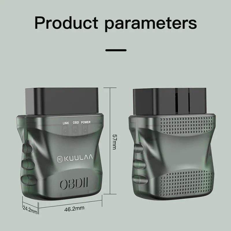 Green plastic Bluetooth OBD auto fault detector with user manual and packing box