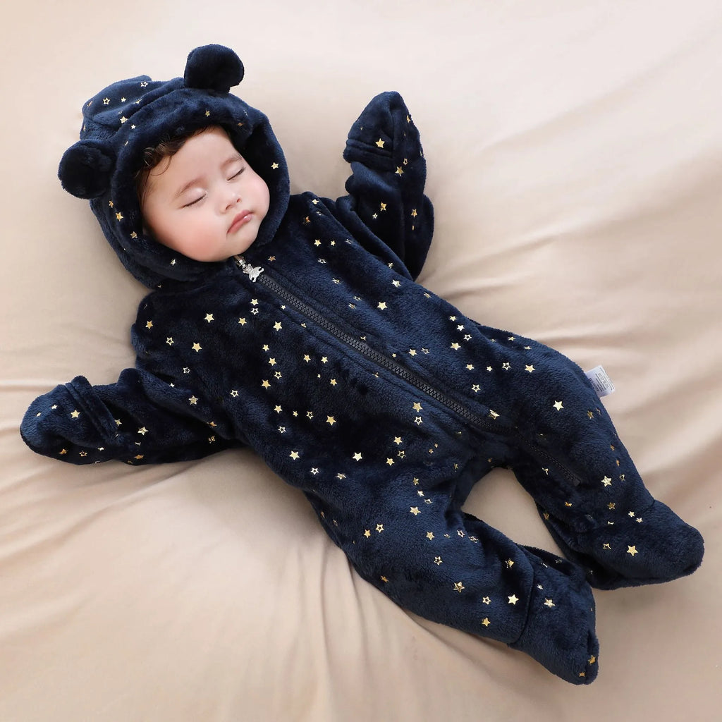 Fleece-lined flannel baby jumpsuit in dark blue, pink or white with bronzing bear or star design, sizes 50cm to 80cm