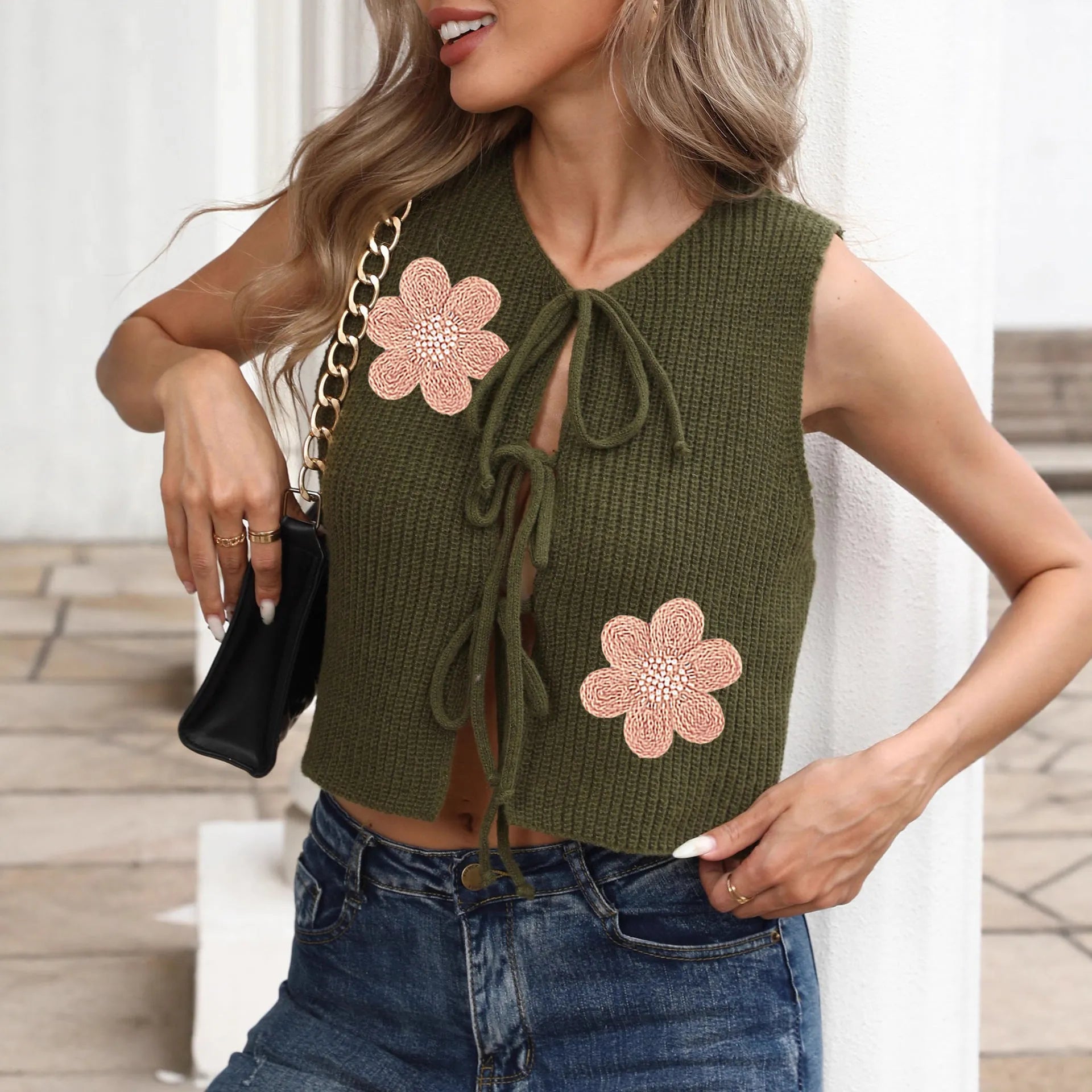 Ladies' lace-up bow vest cardigan in deer plush polyester with apricot flower pattern