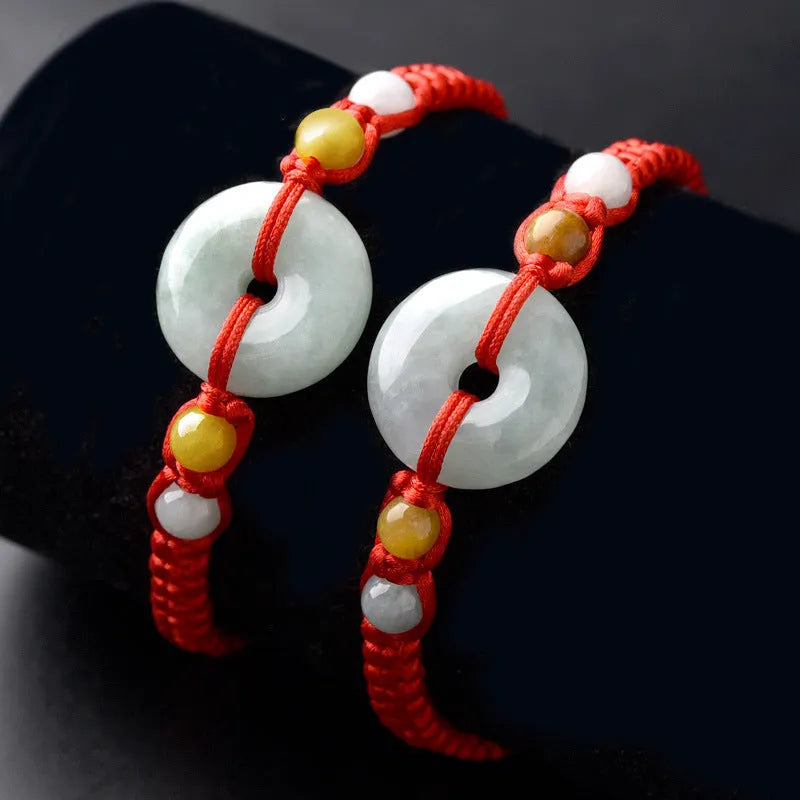 Round emerald-cut jade pendant on adjustable red rope bracelet with 14-20cm wrist fit