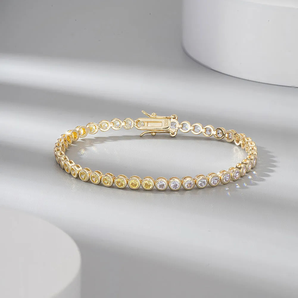 S925 sterling silver two-tone zircon bracelet with round geometric links and electroplated finish