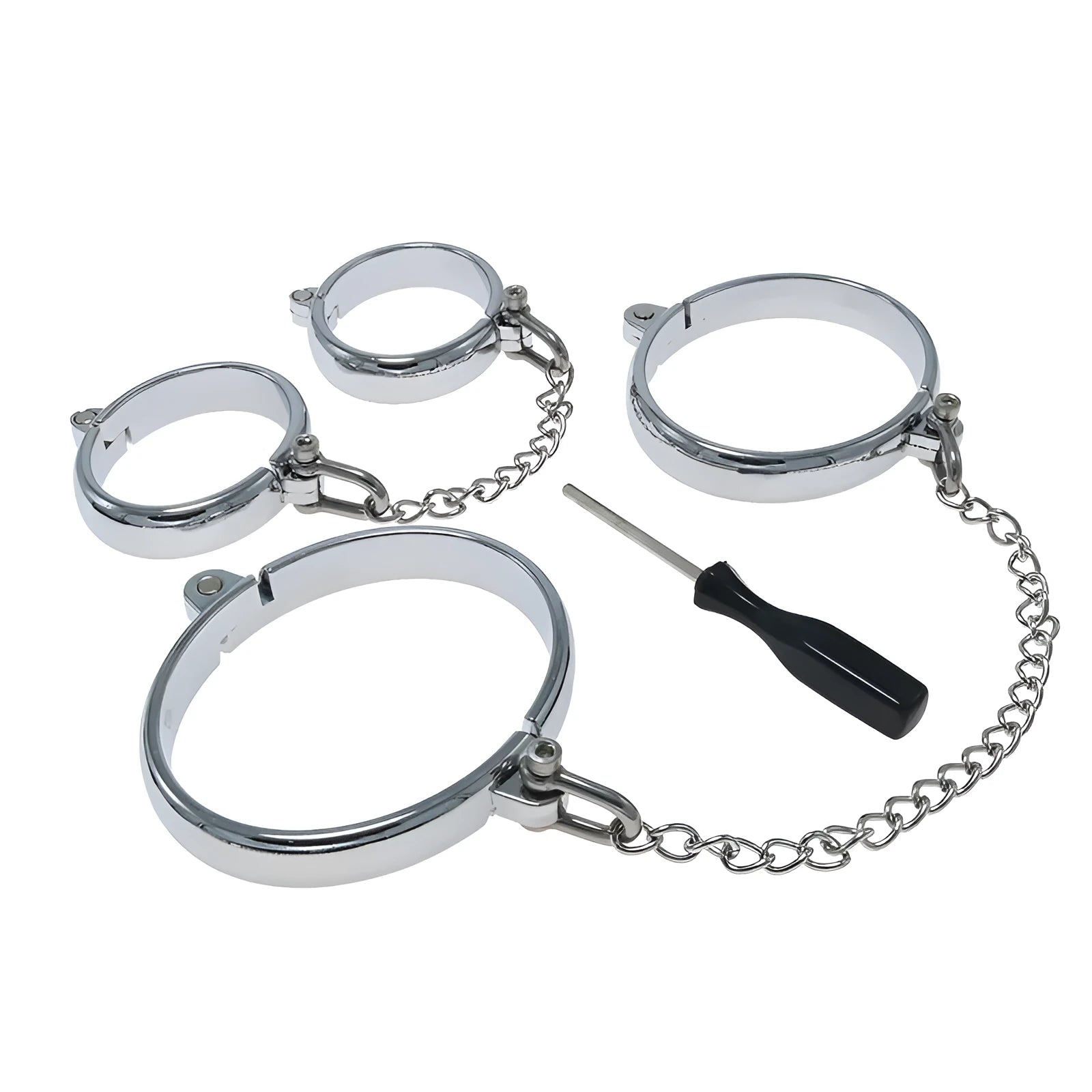 Silver zinc alloy handcuffs and footcuffs set with stainless steel watch bracelet, four size options