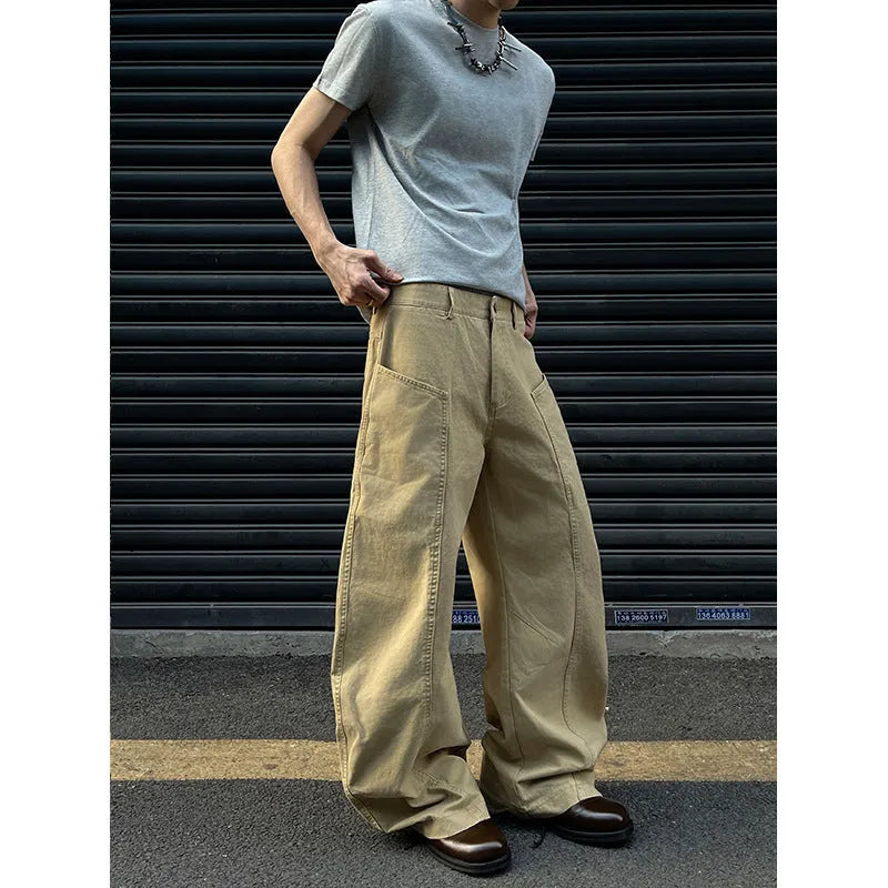 Men's khaki straight leg trousers in American retro style with solid colour cotton fabric