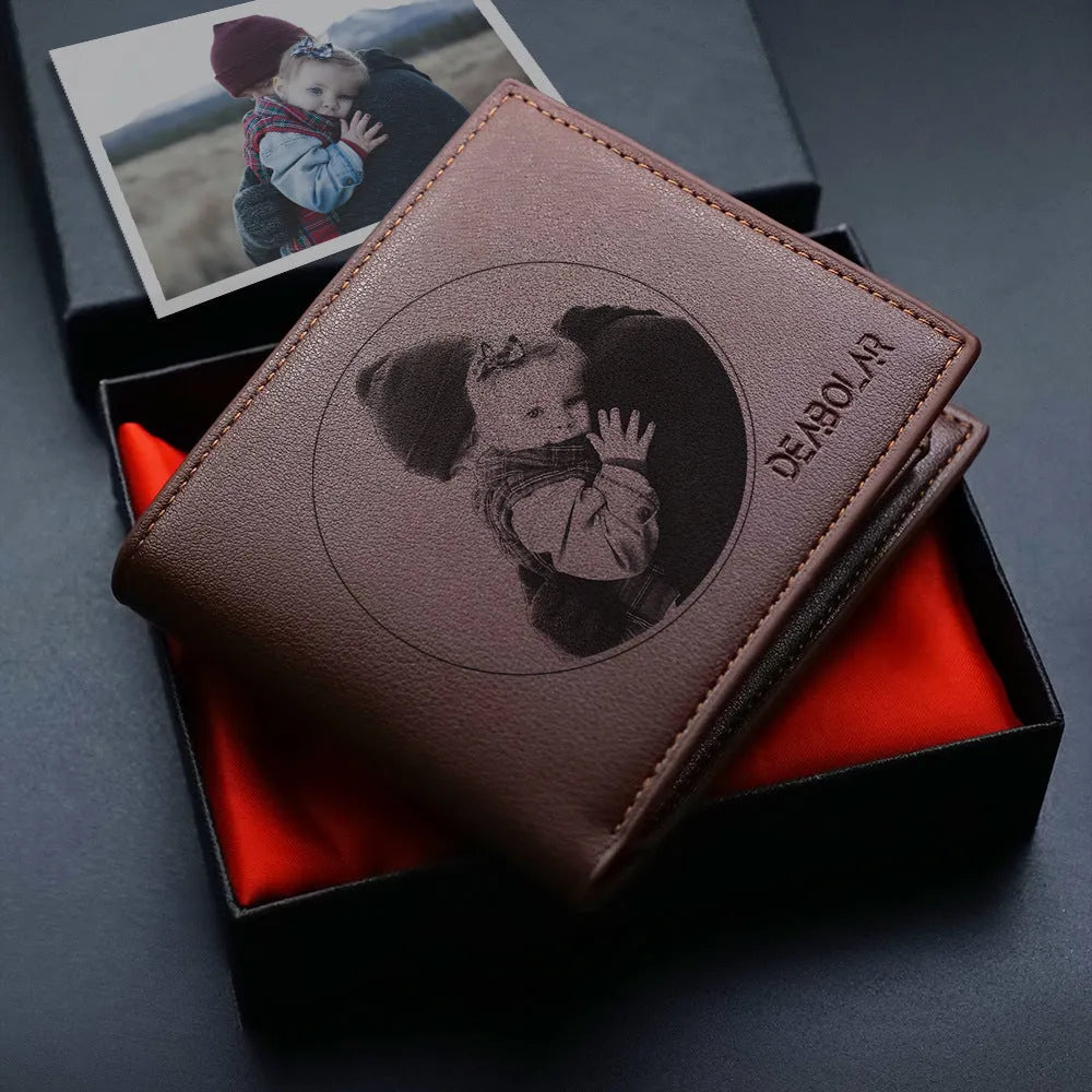 Men's leather zip wallet in classic colour, presented in a gift box.