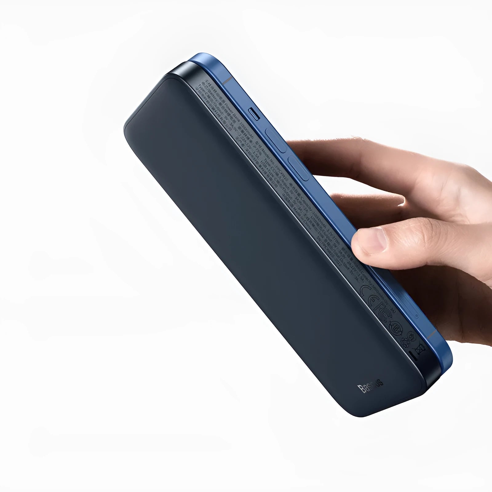Square aluminium-shell magnetic wireless power bank in blue, white, and purple colour options
