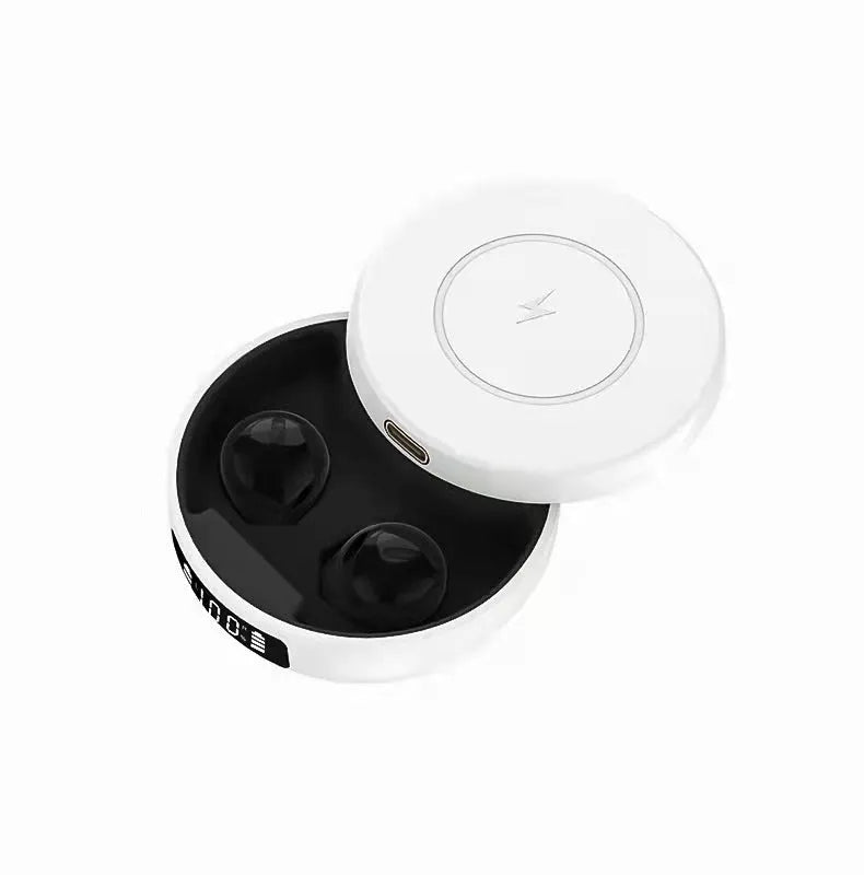 Mini semi-in-ear wireless headphones with charging case in black, colour, or white options
