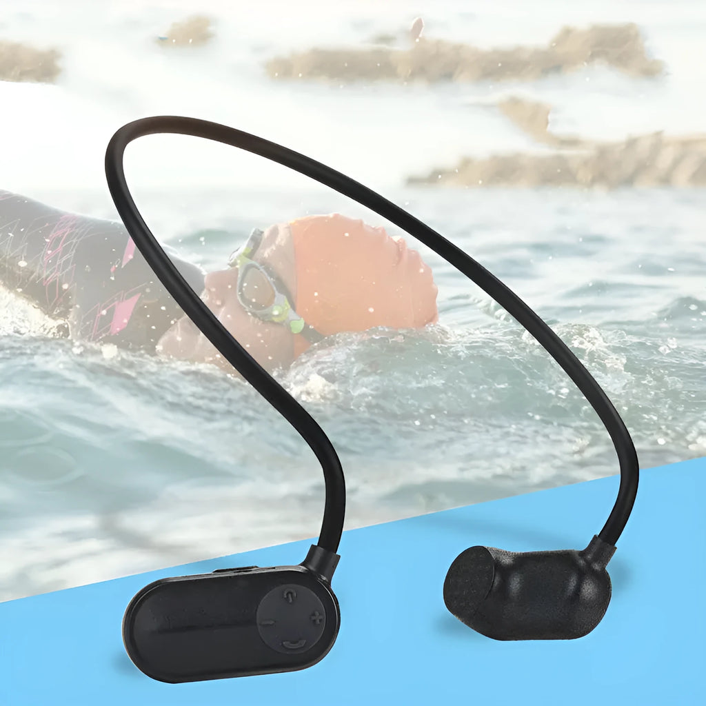 Waterproof MP3 swimming earphones with earplugs, USB 2.0 cable, 8-hour battery, 20 x 20 cm, 130 g