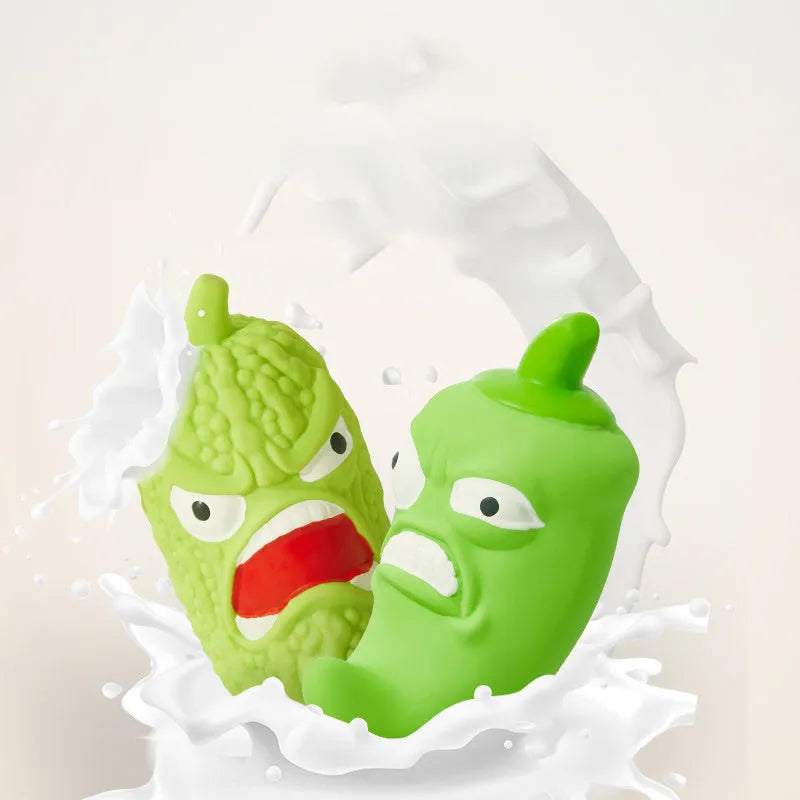 Dog chew toy with pet sound mechanism in bitter melon and chili designs for teeth cleaning