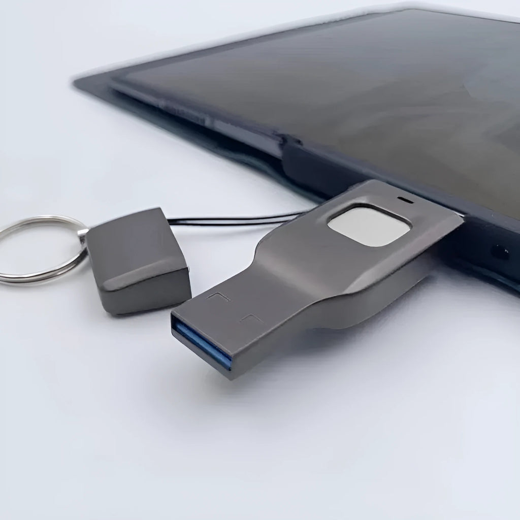 Black metal fingerprint USB flash drive with USB 3.0 and USB-C connectors for encrypted data storage