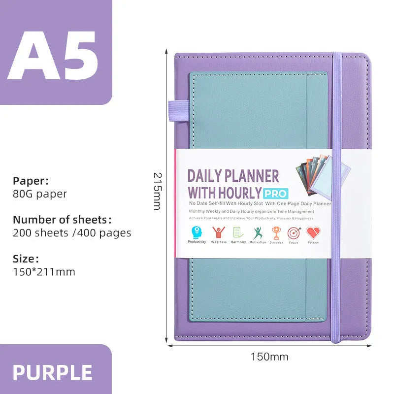 A5 no-date notebook with soft PU cover shown in purple, green, grey, black, pink, and orange, with planning stickers