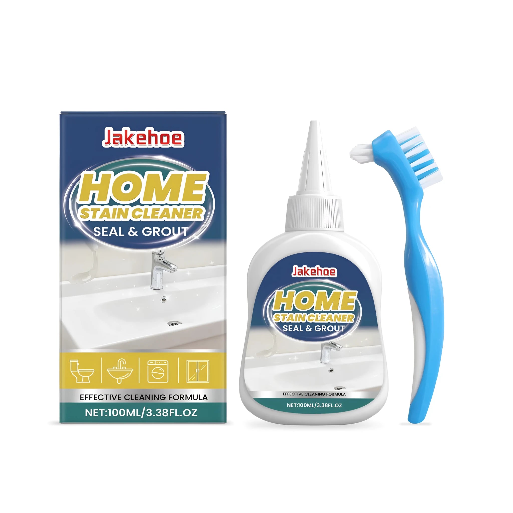 JAKEHOE household stain cleaning gel 100ml bottle with brush attached, on a white background