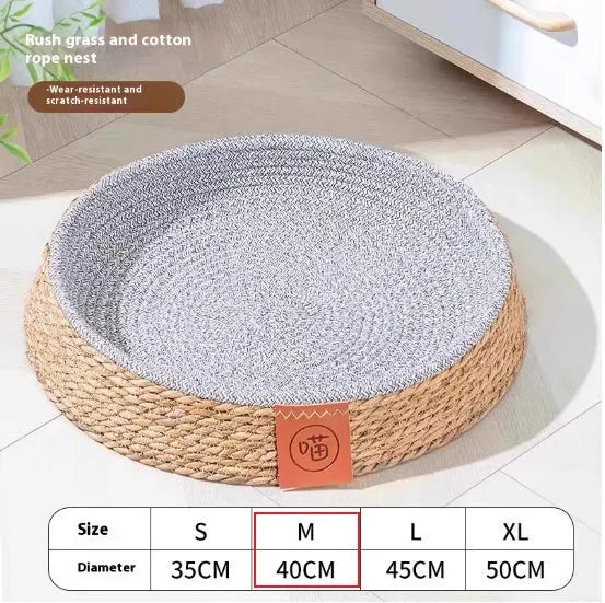 A woven rattan cat nest or pet bed shown in one of the four available sizes.