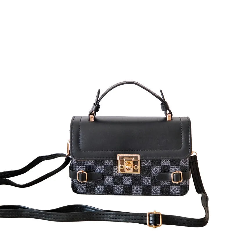 Retro small square PU leather crossbody bag with floral embroidery and plaid pattern in apricot colour.