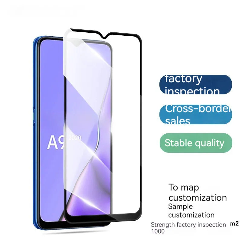 Full screen tempered glass protector for OPPO A9 2020 smartphone showing black edge and full coverage design