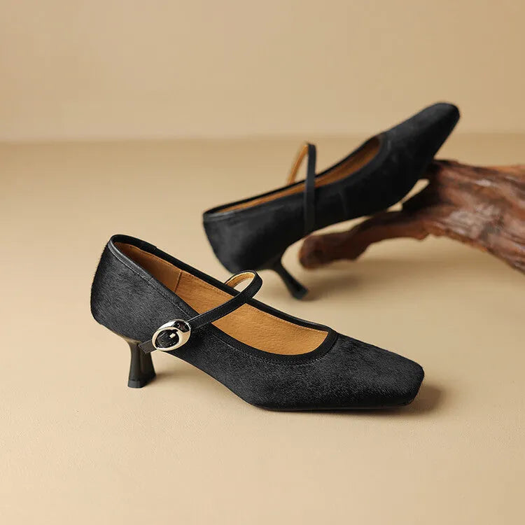 Women's black square toe stiletto ankle-strap high heels with horse hair upper