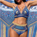 Women's retro ethnic style swimsuit with split cross straps in blue colour