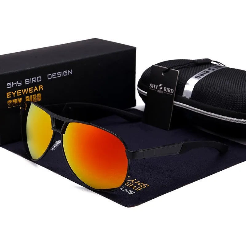 Men's orange red tinted aviator sunglasses with polarised lenses and thin metal frame on a plain background.