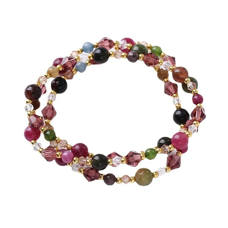 Three-ring adjustable crystal bracelet in tourmaline, strawberry quartz, or amethyst with 51-52cm length