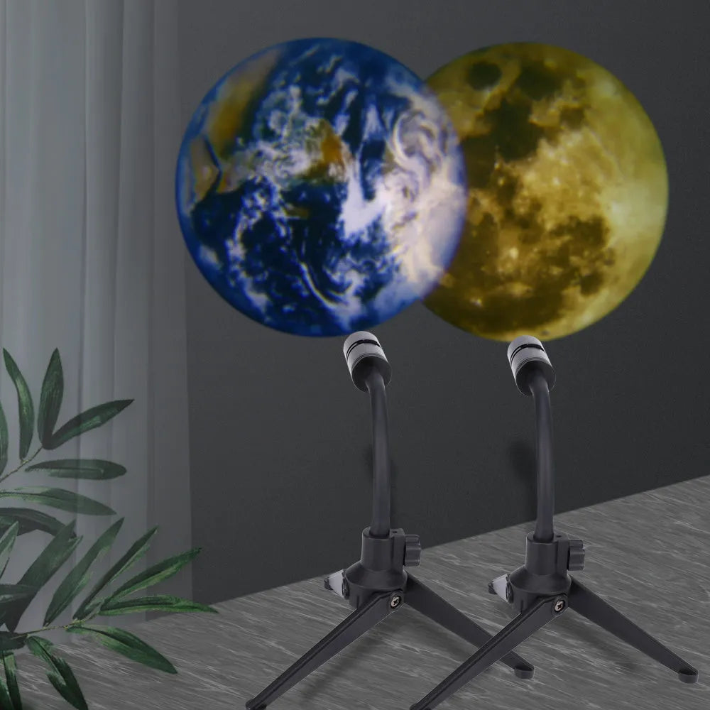 Earth and Moon star projection lamp with flexible hose bracket on a table